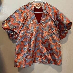 Umgee Metallic Floral Blouse - Red and Blue